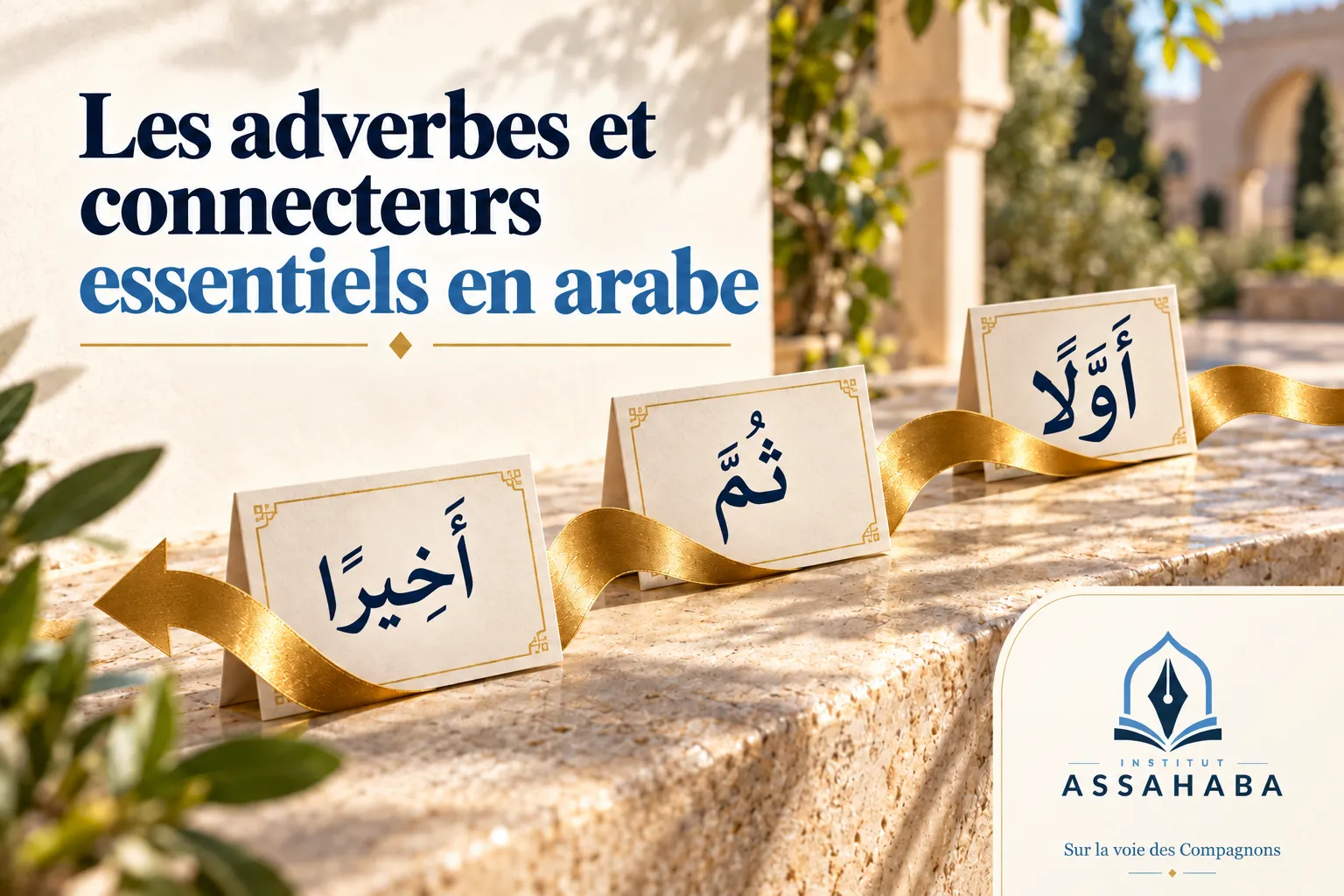 Couverture Institut Assahaba : Les adverbes et connecteurs essentiels en arabe