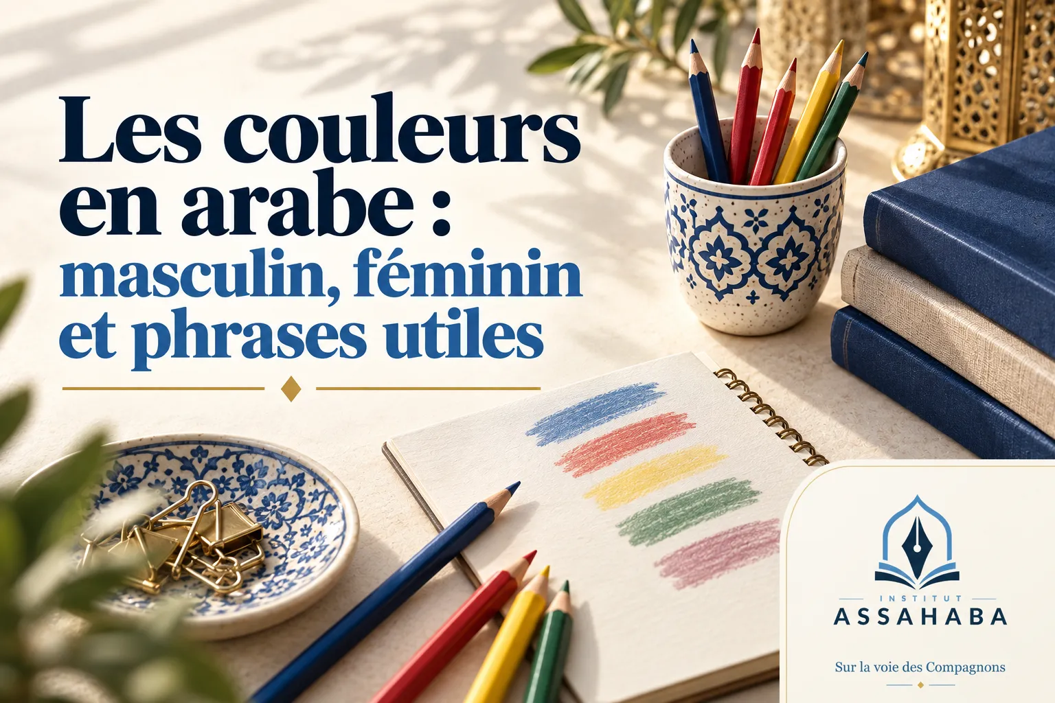 Couverture Institut Assahaba : Les couleurs en arabe : masculin, féminin et phrases utiles