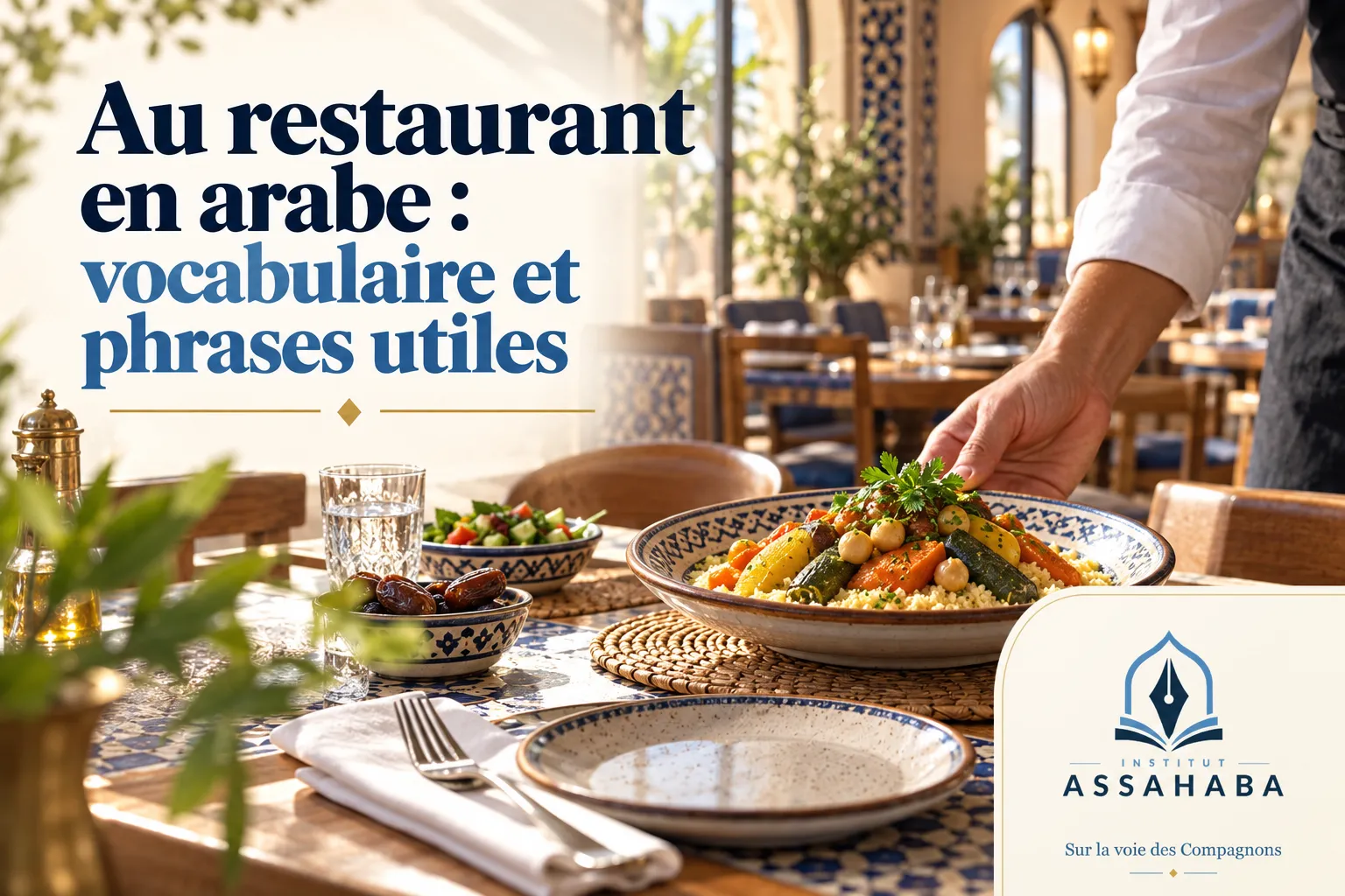 Couverture Institut Assahaba : Au restaurant en arabe : vocabulaire et phrases utiles