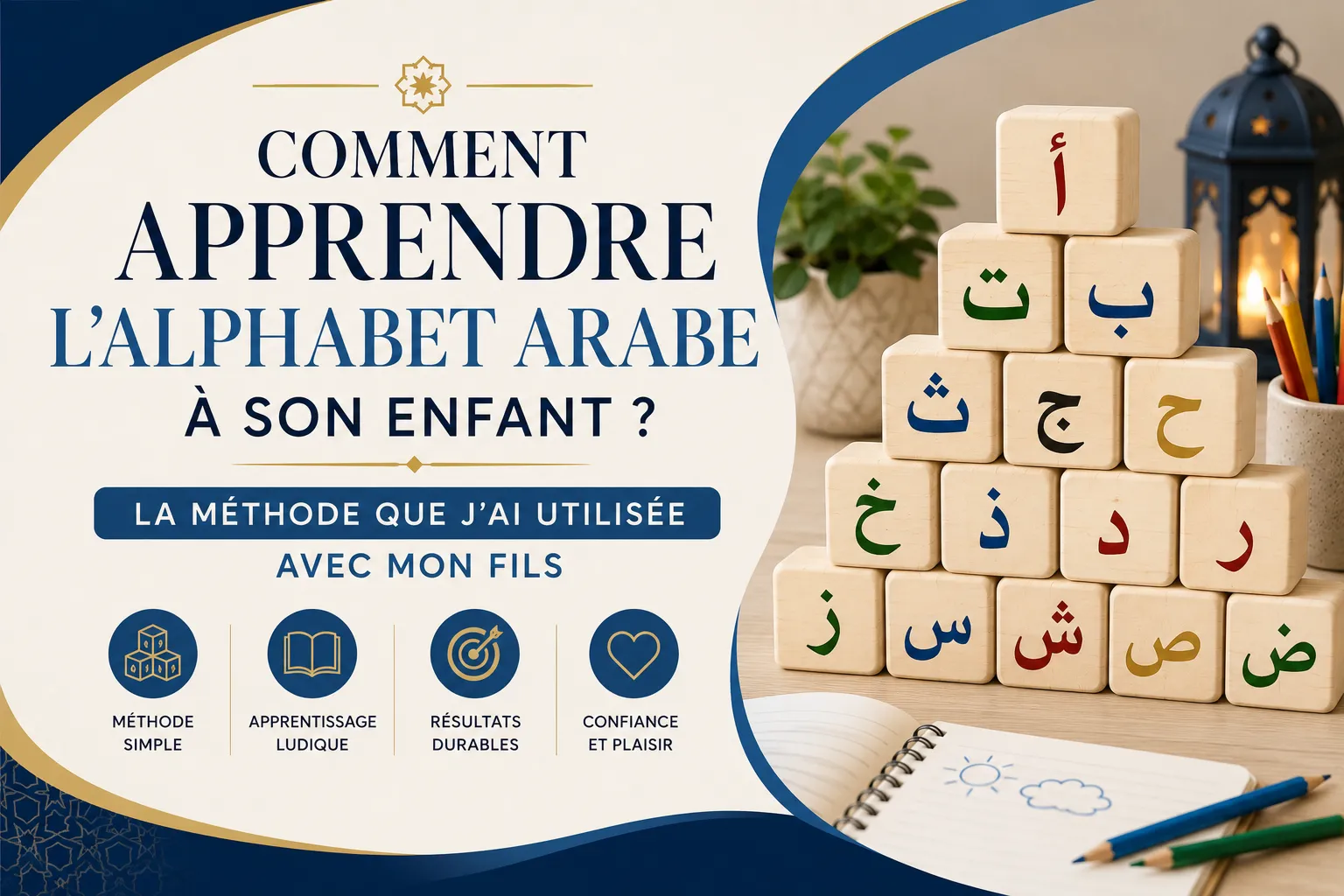 Cubes en bois illustrant les lettres de l'alphabet arabe pour un jeune enfant