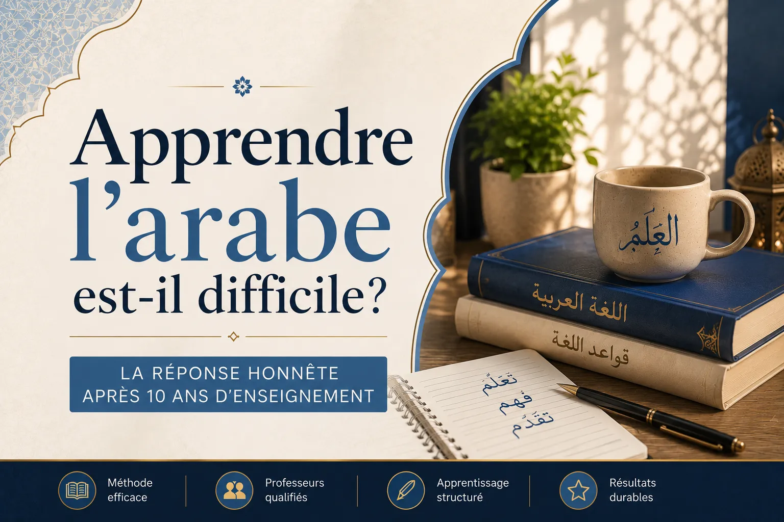Bureau d'étude avec des livres de grammaire arabe et un cahier illustrant l'apprentissage de la langue arabe