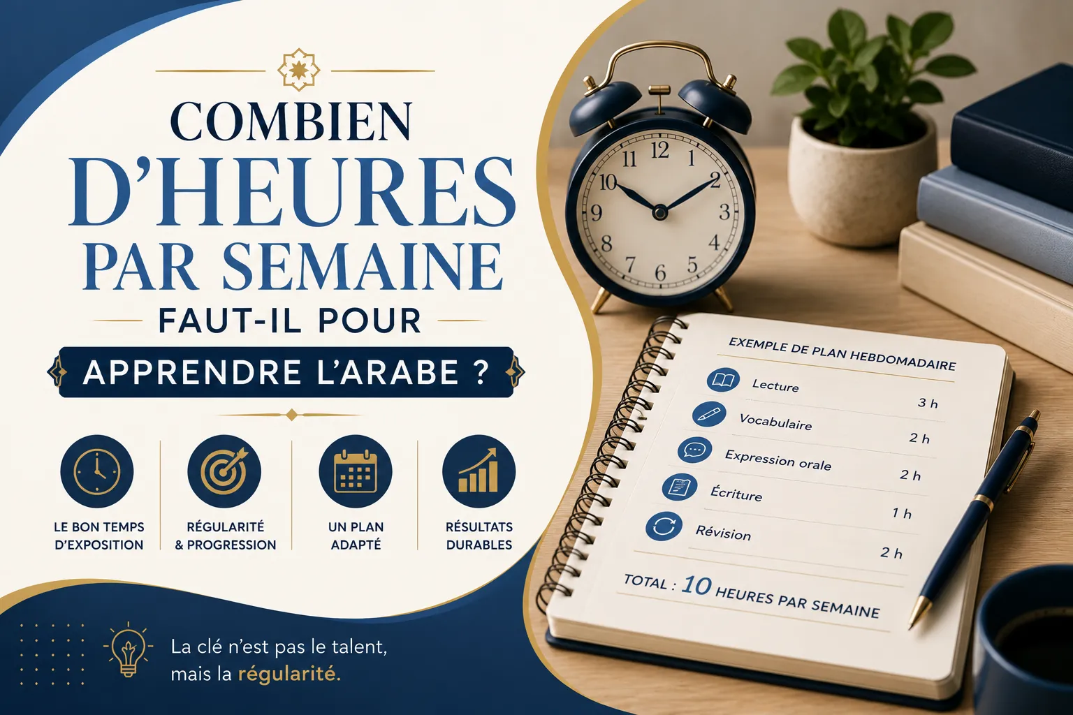 Agenda hebdomadaire avec des créneaux de cours d'arabe planifiés