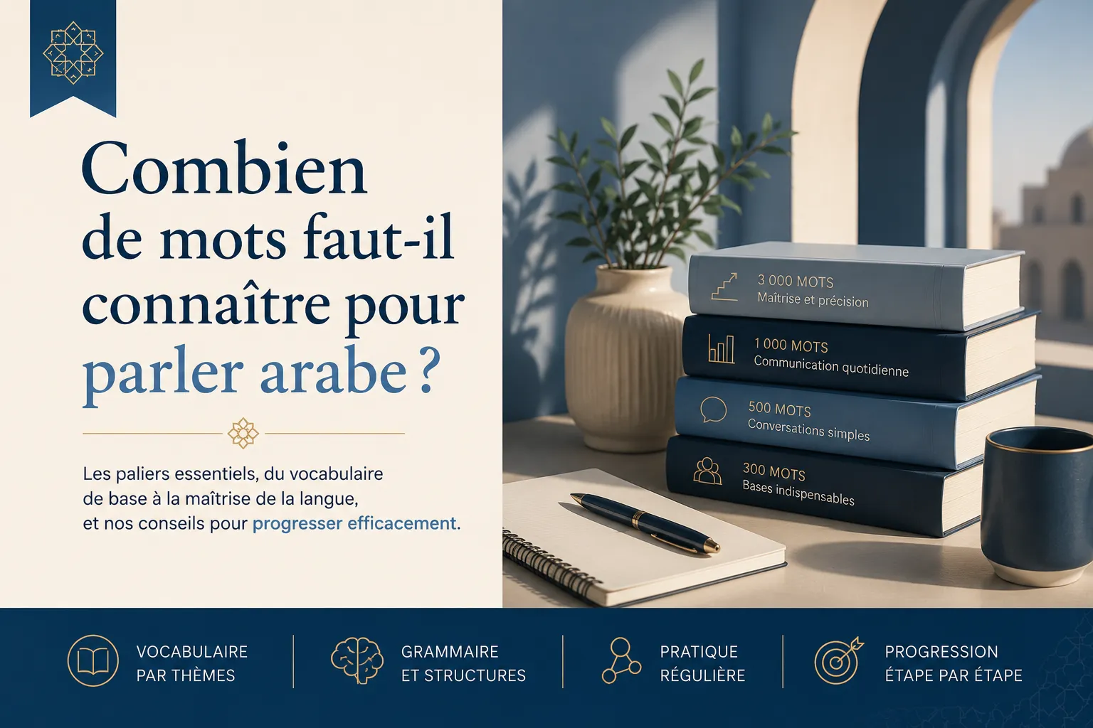 Pile de livres représentant les paliers de 300, 500, 1000 et 3000 mots de vocabulaire arabe