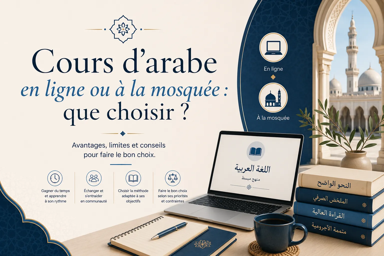 Étudiant suivant un cours d'arabe en ligne à côté d'un manuel, avec une mosquée en arrière-plan