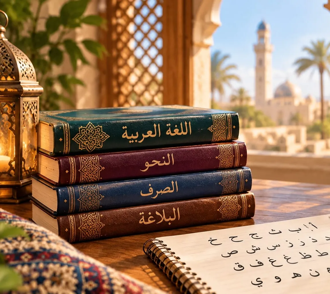 Pile de livres d'arabe littéraire (langue arabe, grammaire, morphologie, rhétorique) posée près d'une lanterne, avec un cahier d'alphabet arabe : les cours de la professeure Sarah
