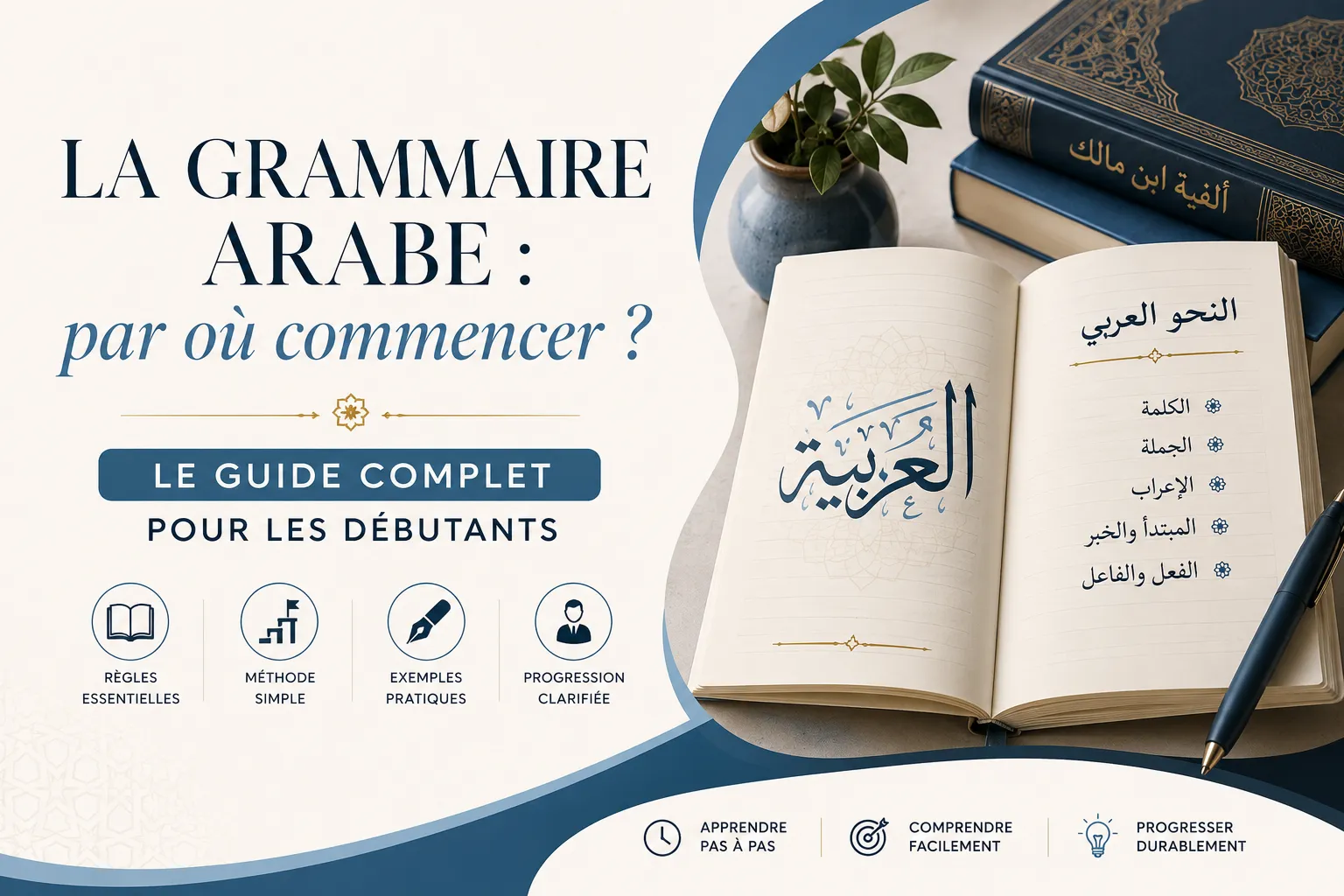 Ouvrages de grammaire arabe (Ajurrumiyya, Alfiyya) ouverts sur un bureau d'étude