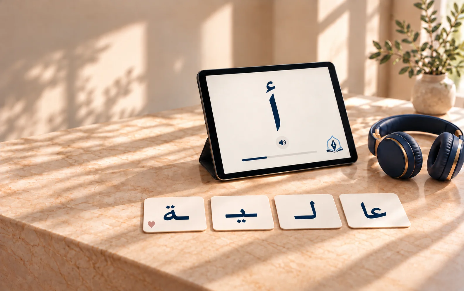 Une tablette affichant un Alif avec hamza, quatre cartes de lecture arabe et un casque audio.
