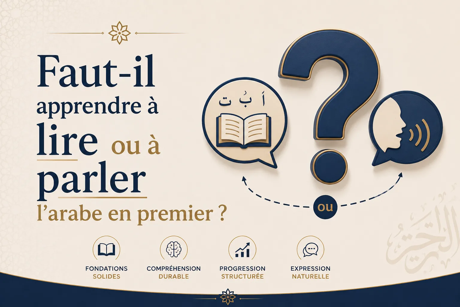 Faut-il apprendre à lire ou à parler l'arabe en premier — un livre ouvert face à un visage qui parle