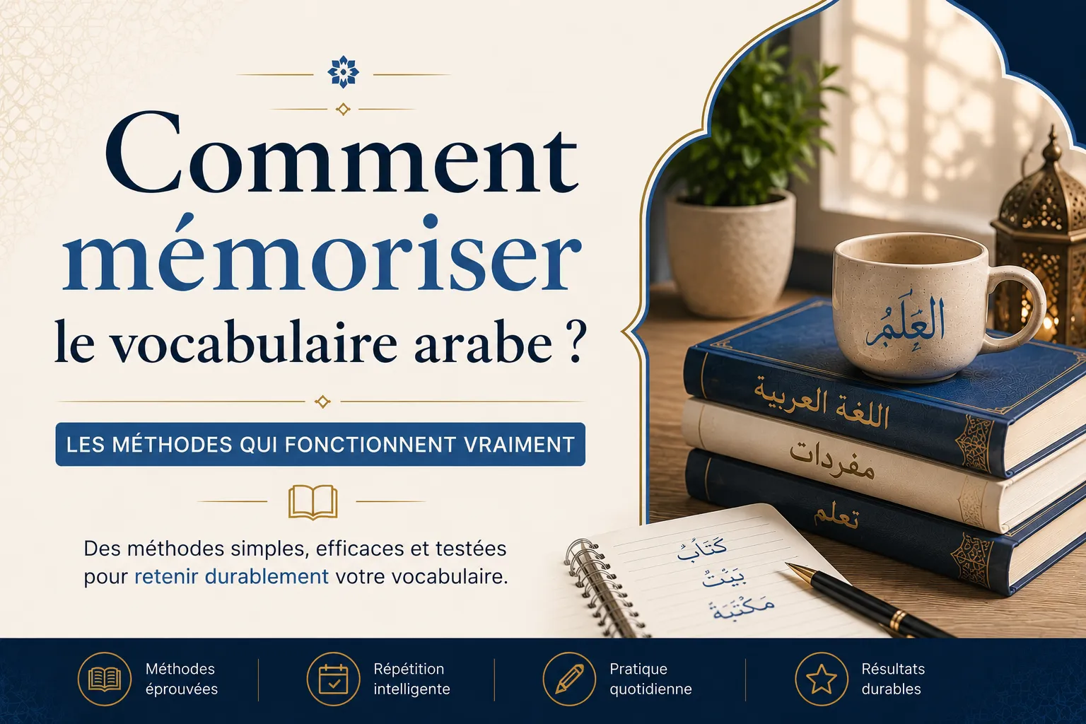 Cahier de vocabulaire arabe et pile de livres pour illustrer les méthodes de mémorisation