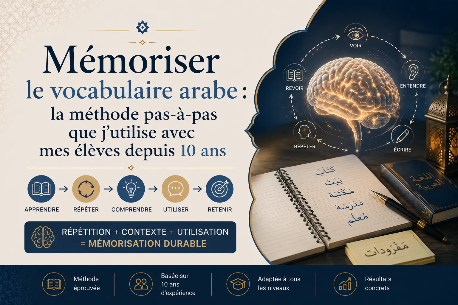 Schéma illustrant le cycle voir, entendre, répéter, écrire pour mémoriser durablement le vocabulaire arabe