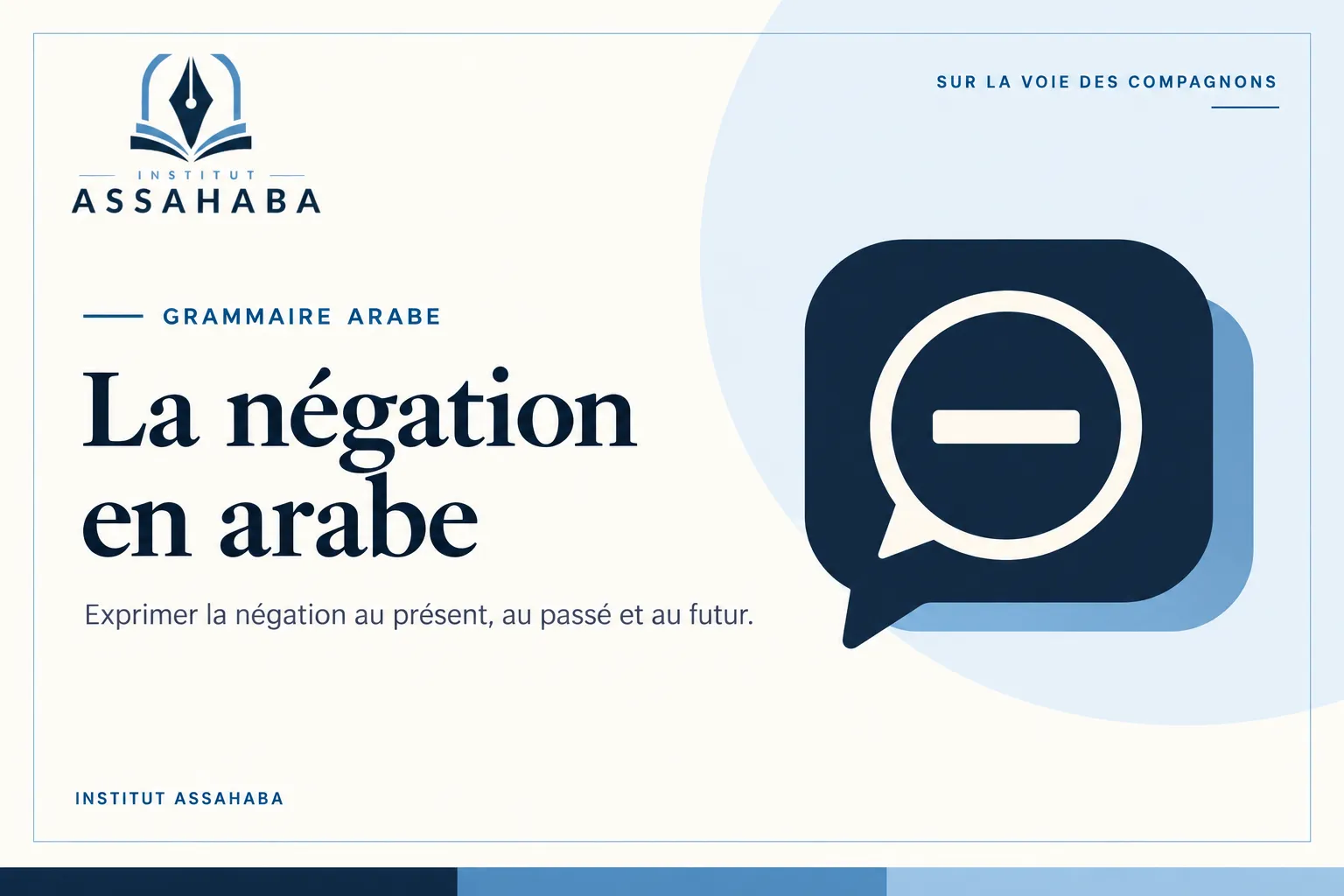 La négation en arabe : bulle de dialogue avec un signe moins.
