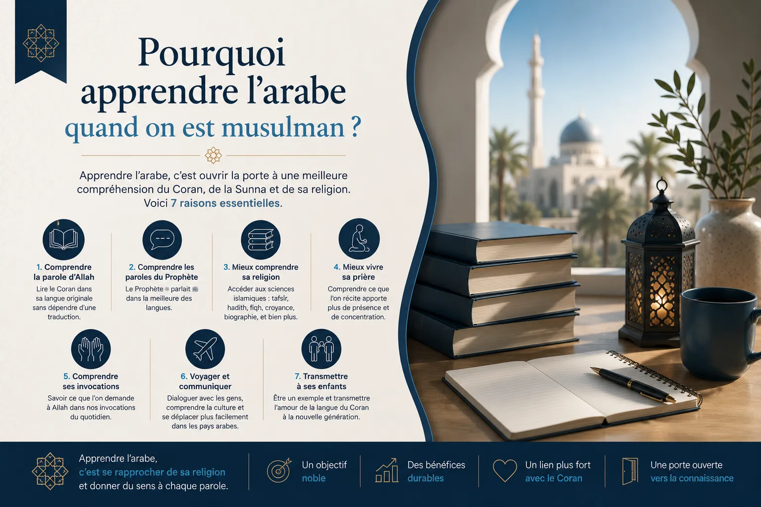 Infographie des 7 raisons d'apprendre l'arabe pour un musulman, avec un bureau d'étude, des livres, une lanterne et une mosquée en arrière-plan
