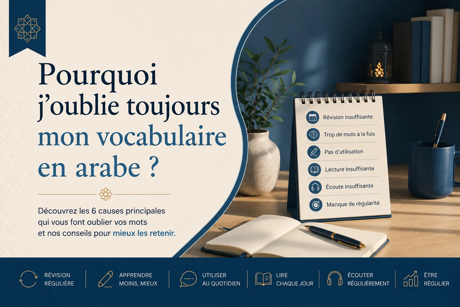 Chevalet listant les 6 causes de l'oubli du vocabulaire arabe, posé sur un bureau d'étude