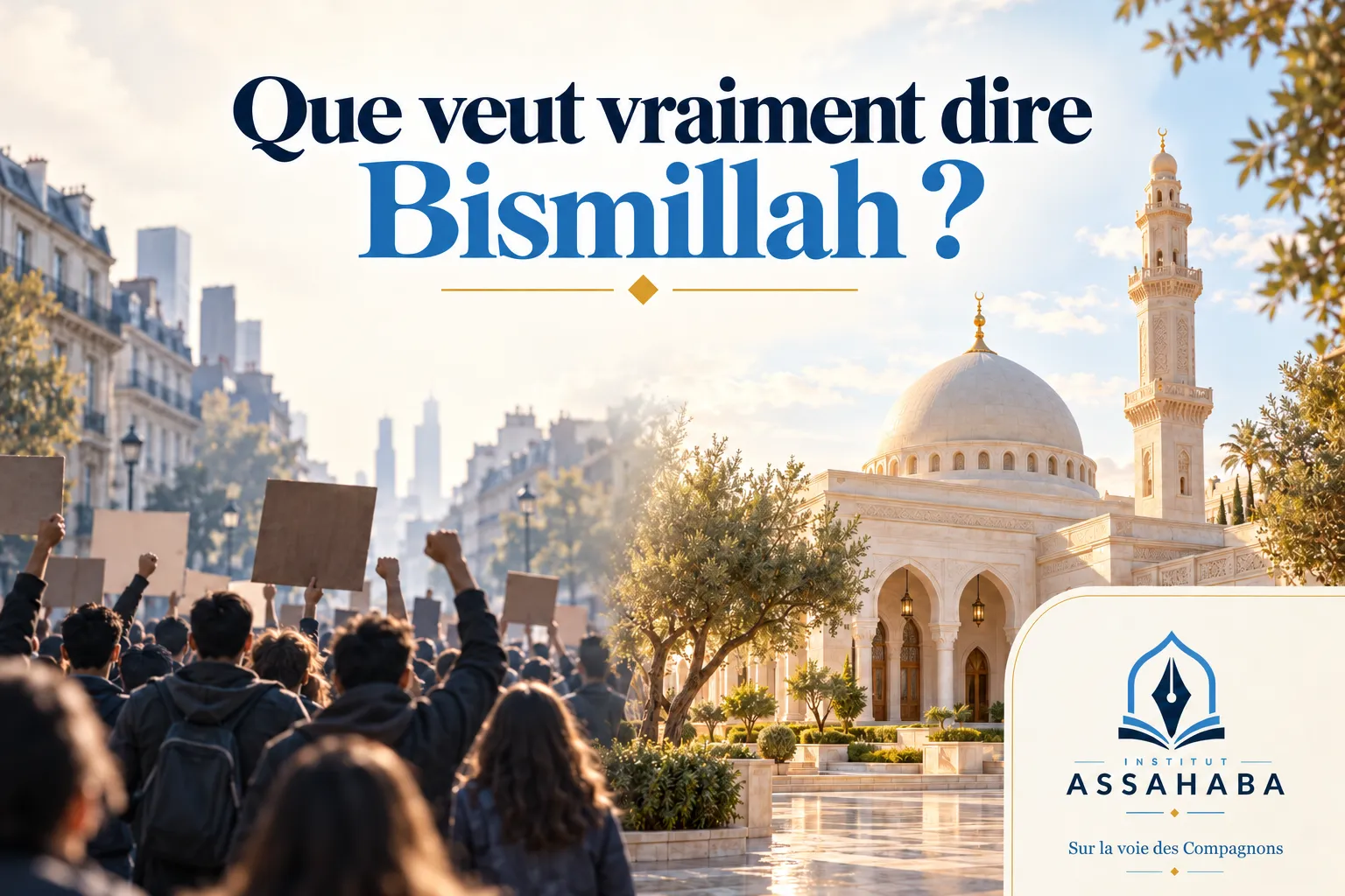 Couverture Institut Assahaba : que veut vraiment dire Bismillah ? Réponse à « Bismillah, c'est les ténèbres », avec une manifestation étudiante d'octobre 2026 face à une mosquée