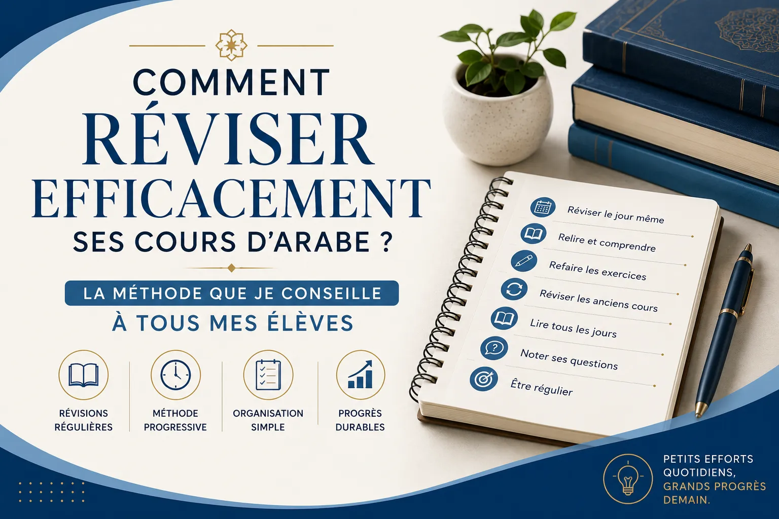 Cahier de cours d'arabe annoté et ouvrages de grammaire pour illustrer une séance de révision