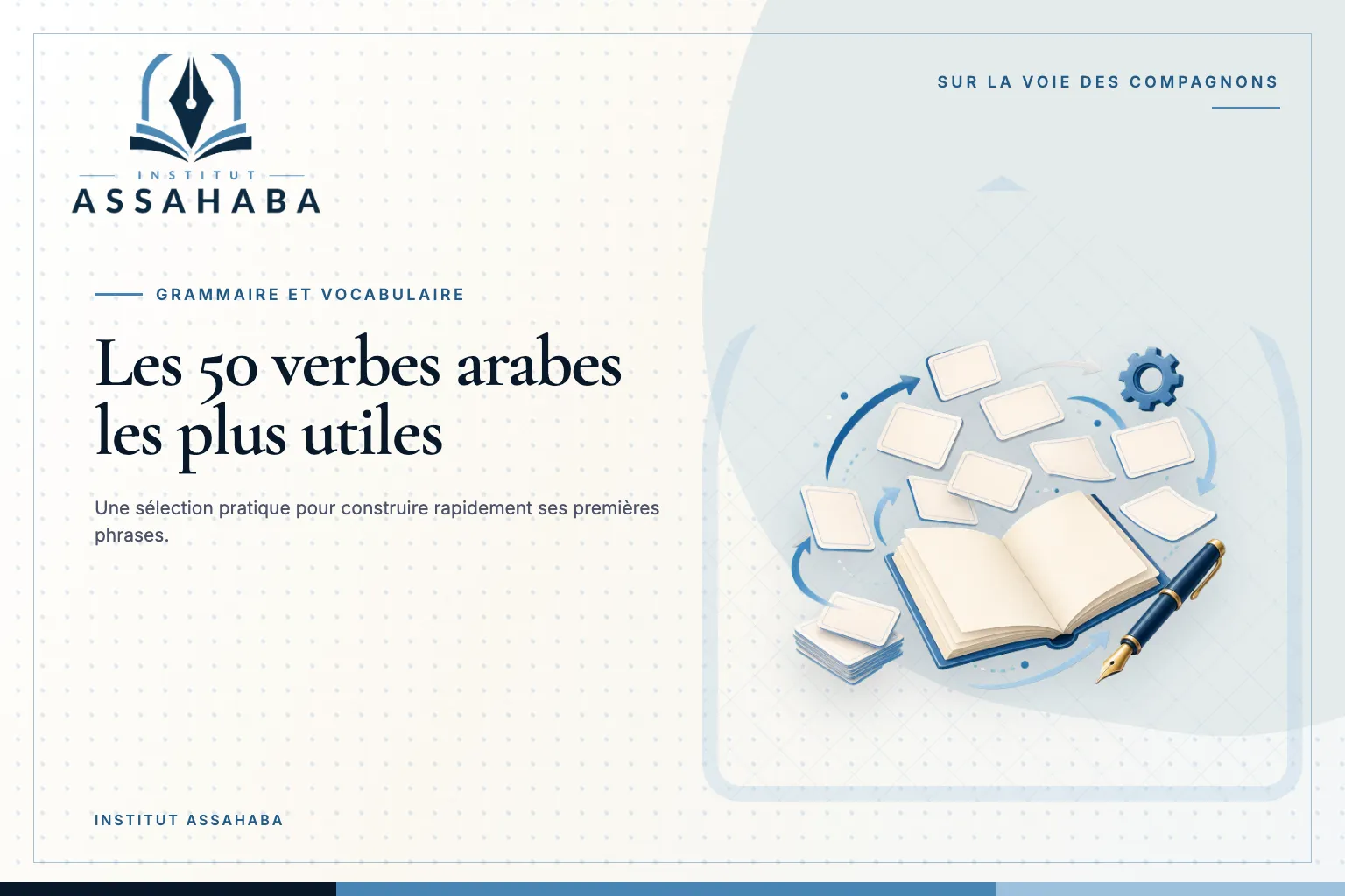 Couverture Institut Assahaba sur les cinquante verbes arabes les plus utiles, avec le mot الأَفْعَال