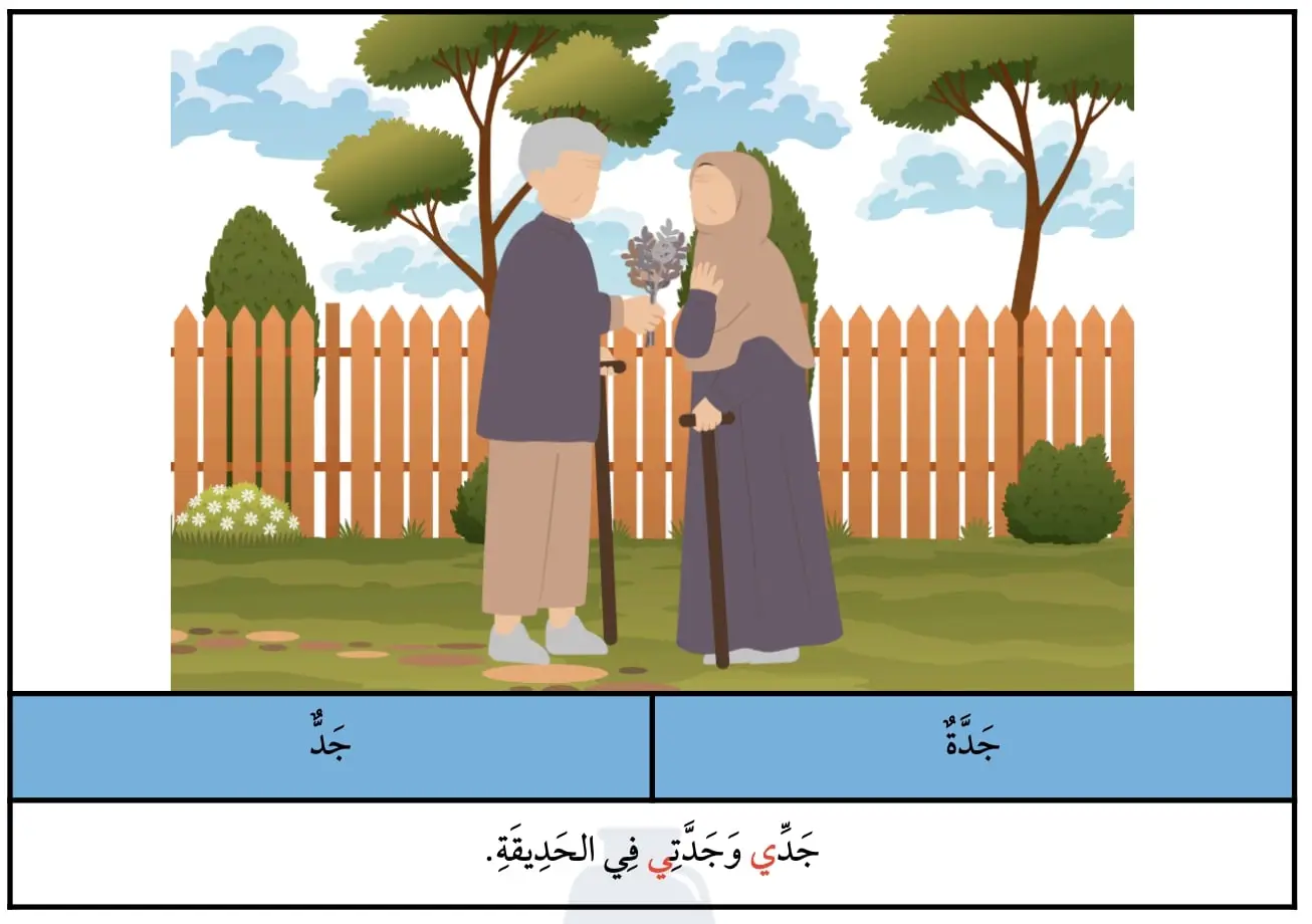 Illustration en arabe du vocabulaire grand-père (جدّ) et grand-mère (جدّة), représentant un couple âgé dans un jardin.